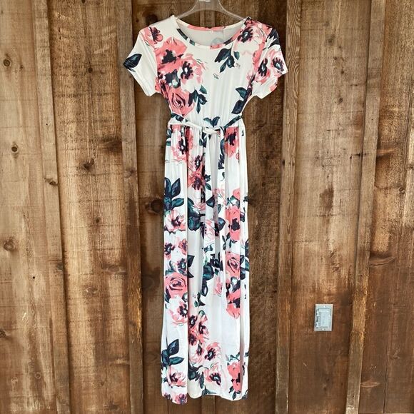 White Pink Short Sleeve Floral Maxi Dress w/removable tie - Picture 2 of 6